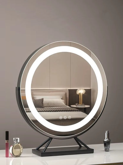 LED Lighted Circle Mirror round Tabletop/Desk Mirror 3 Color Dimmable Lighting Modes Make up Mirrors